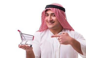 Arab man with shopping cart isolated on white