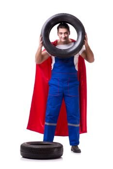 Superhero man with tyre isolated white background