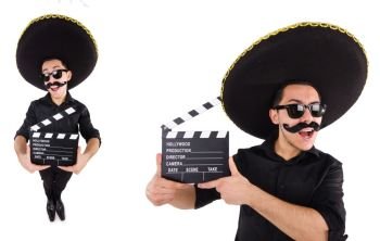 Funny man wearing mexican sombrero hat isolated on white