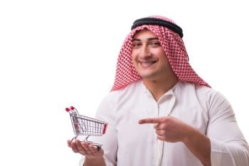Arab man with shopping cart isolated on white