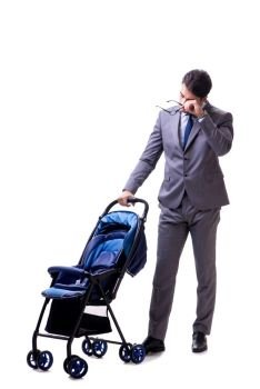 Young dad businessman with baby pram isolated on white 
