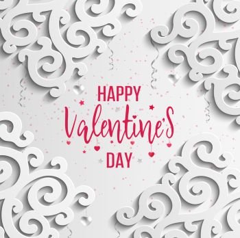 Happy Valentines Day greeting card. Vector template. Romantic poster with 3d pattern, hearts. Love, poster, banner. 