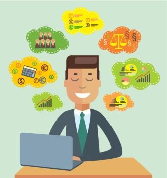 Businessman thinking about business things. Cartoon character.Vector illustration