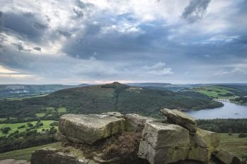 Landscape view from Bamford Edge in Peak District towards Ladybower Reservoir and Win Hill.