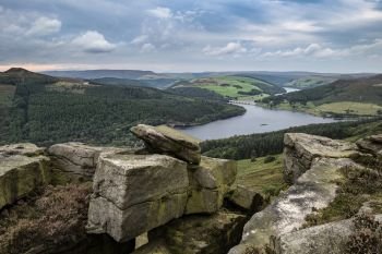 Landscape view from Bamford Edge in Peak District towards Ladybower Reservoir and Win Hill.