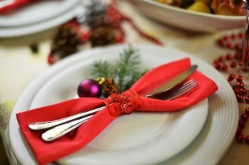 table setting . fork, knife and red napkin on dish