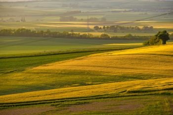 Rolling hills on sunset. Rural landscape. Green fields and farmlands, fresh vibrant colors, at Rhine Valley (Rhine Gorge) in Germany
