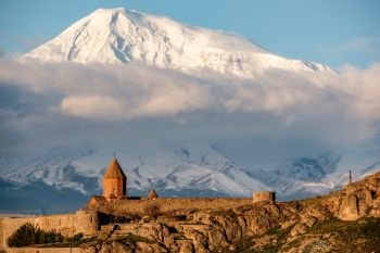 Ancient monastery Khor Virap in Armenia with Ararat mountain at background at sunrise. Was founded in years 642-1662.  
