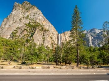 Yosemite National Park Valley summer landscape with Bridalveil Fall. California, USA.