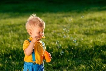 Portrait of toddler child outdoors. Rural scene with one year old baby boy blowing soap bubbles. Healthy preschool children summer activity. Kid playing outside. 