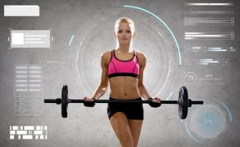 sport, fitness and people concept - young sporty woman exercising with barbell over gray background. young sporty woman exercising with barbell
