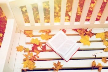 season, education and literature concept - open book on bench in autumn park. open book on bench in autumn park