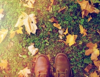 season, footwear and people concept - feet in boots with autumn leaves on grass. feet in boots and autumn leaves on grass