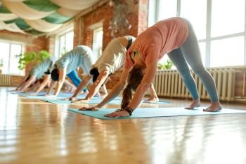 fitness, sport and healthy lifestyle concept - group of people doing yoga downward-facing dog pose on mats at studio. group of people doing yoga dog pose at studio