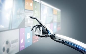 science, future technology and progress concept - robot hand touching virtual screen with applications over blue background. robot hand touching virtual screen with apps