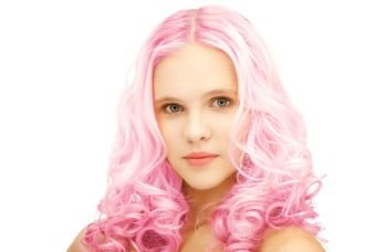 beauty and hairstyle concept - teen girl with trendy pink dyed hair. teen girl with trendy pink dyed hair