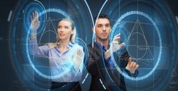 future technology, business and people concept - businessman and businesswoman using virtual screen projections. business people using virtual screen projections