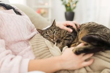pets, hygge and people concept - close up of female owner with tabby cat in bed at home. close up of owner with tabby cat in bed at home