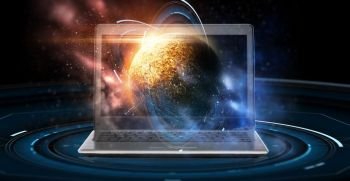 astronomy and future technology concept - laptop computer with virtual planet and space hologram. laptop with virtual planet and space hologram
