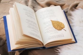 literature, reading and poetry concept - book with autumn leaf on blanket at home. book with autumn leaf on blanket at home