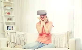 technology, virtual reality, cyberspace, entertainment and people concept - happy amazed young woman with virtual reality headset or 3d glasses sitting on sofa at home. woman in virtual reality headset or 3d glasses