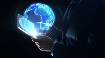 business, globalization and future technology concept - close up of businessman hands with transparent tablet pc computer and earth hologram over black. businessman with tablet pc and earth hologram. businessman with tablet pc and earth hologram