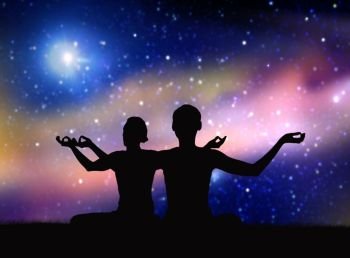 yoga, mindfulness and harmony concept - black silhouette of couple meditating over space background. black silhouette of couple meditating over space. black silhouette of couple meditating over space