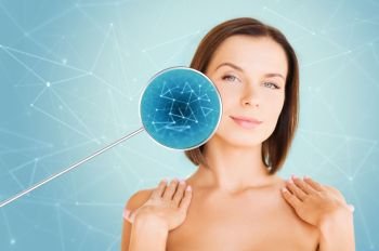 beauty, science and future technology concept - portrait of beautiful bare woman with low poly shape projection on face over blue background. beautiful bare woman over blue background. beautiful bare woman over blue background