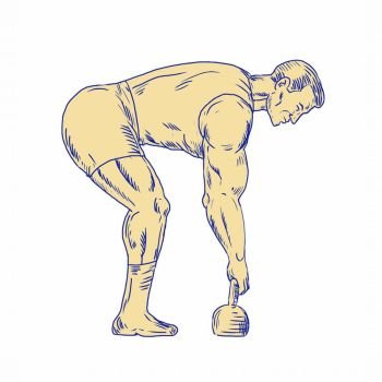 Illustration of a Superhero Lifting Kettlebell side view done in hand sketch Drawing style.. Superhero Lifting Kettlebell Drawing