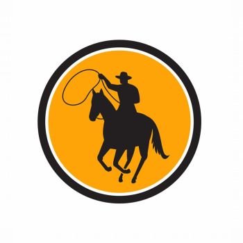 Illustration of a Rodeo Cowboy riding horse with lasso rope Team Roping set inside Circle done in retro style.. Rodeo Cowboy Team Roping Circle
