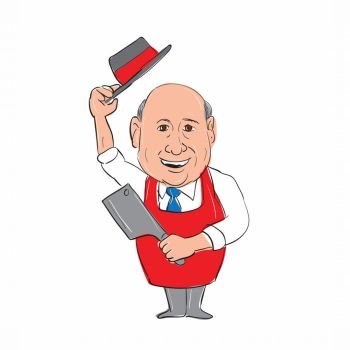 Illustration of a Bald Butcher Tipping Hat holding meat cleaver knife front view done in hand sketch drawing Cartoon style.. Butcher With Knife Tipping Hat Cartoon
