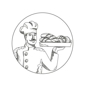 Doodle art illustration of a baker or pastry chef holding a plate of bread set inside circle done in mandala style.. Baker Holding Bread on Plate Doodle Art