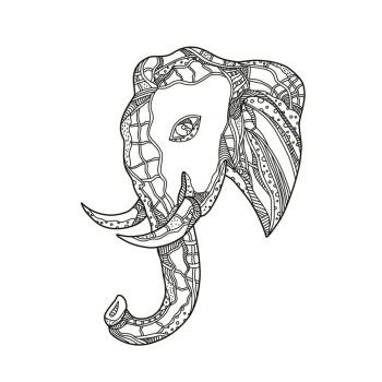 Doodle art illustration of bull african elephant head viewed from side in black and white done in mandala style.. Bull  Elephant Head Doodle Art