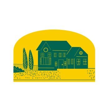 Retro style illustration of a vintage American house, home,residence or dwelling with front lawn, trees and fence set inside half circle on isolated background.. Vintage American House Retro