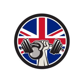 Icon retro style illustration of a British hand lifting a barbell and kettlebell with United Kingdom UK, Great Britain Union Jack flag set inside circle on isolated background.. British Hand Lift Barbell Kettlebell Union Jack Flag Icon