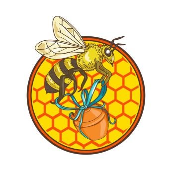 Icon retro style illustration of a bumblebee or bumble bee, member of genus Bombus, part of Apidae of bee family, carrying honey pot with beehive and hexagonal honeycomb floor set inside circle.. Bumblebee Carrying Honey Pot Beehive Circle