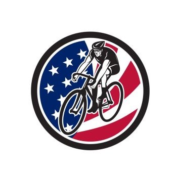 Icon retro style illustration of an American cyclist cycling riding on road bike with United States of America USA star spangled banner or stars and stripes flag inside circle isolated background.. American Cyclist Cycling USA Flag Icon
