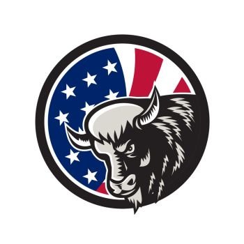 Icon retro style illustration of a North American buffalo or bison with United States of America USA star spangled banner or stars and stripes flag inside circle isolated background.. American Buffalo USA Flag Icon