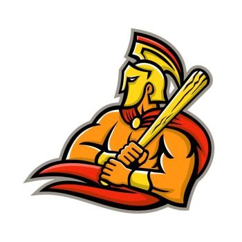 Trojan Warrior Baseball Player Mascot. Mascot icon illustration of head of a Trojan or Spartan warrior wearing a helmet and holding a baseball bat viewed from side on isolated background in retro style.. Trojan Warrior Baseball Player Mascot