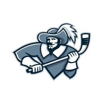 Musketeer Ice Hockey Mascot. Mascot icon illustration of bust of a musketeer holding an ice hockey stick viewed from front on isolated background in retro style.. Musketeer Ice Hockey Mascot