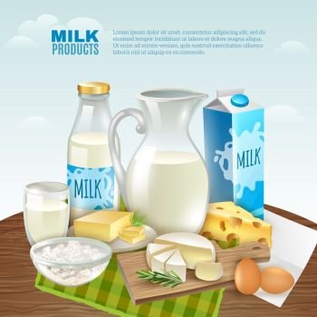 Milk Products Background. Milk products cartoon background with healthy breakfast symbols vector illustration