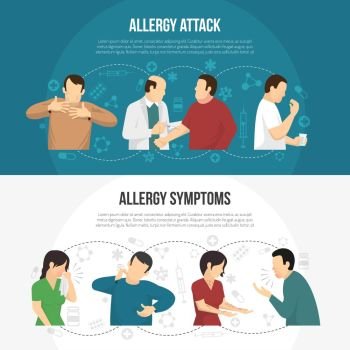Allergy Banner Set. Two horizontal colored allergy banner set with allergy attack and allergy symptoms descriptions vector illustration