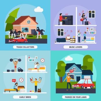 Conflicts With Neighbors Concept Icons Set . Conflicts with neighbors concept icons set with music lovers and trash collectors symbols flat isolated vector illustration 