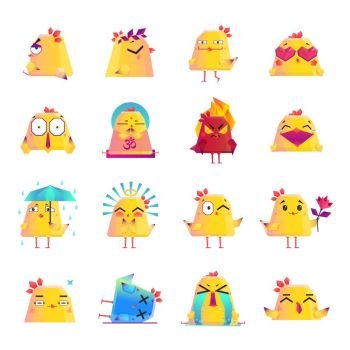 Chicken Cartoon Character Icons Big Set. Funny chicken animation cartoon character icons big set  with crying dead love happy surprised mood isolated vector illustration 