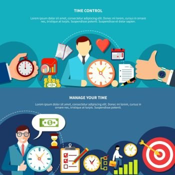 Manage Your Time Banners. Time management horizontal banners set with compositions of flat people characters gesture symbols clock calendar images vector illustration  
