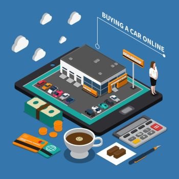 Buying Car Online Isometric Composition. Buying car online isometric composition with dealership on mobile device money coffee on blue background vector illustration 