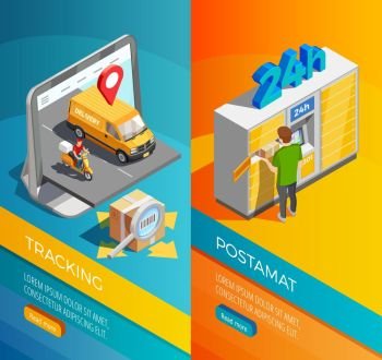 Delivery Isometric Vertical Banners . Delivery isometric vertical banners with transportation tracking and post parcel lockers compositions isometric vector illustration   