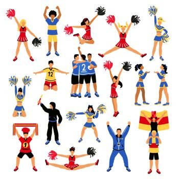 Football Players Cheerleaders And Fans Set. Set of football players, trainer, fans with scarf and flag, girls cheerleaders with pompoms isolated vector illustration  
