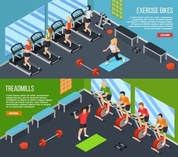 Gym Isometric Banner Set. Two horizontal gym isometric banner set with read more link and exercise bikes treadmills descriptions vector illustration