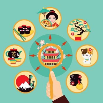 Tourism In Japan Design Concept. Tourism in japan design concept with travel collection of decorative icons representing national cultural symbols flat vector illustration